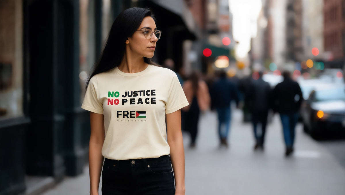 Woman wearing a No Justice No Peace T-shirt on Lafayette Street, NoHo, New York