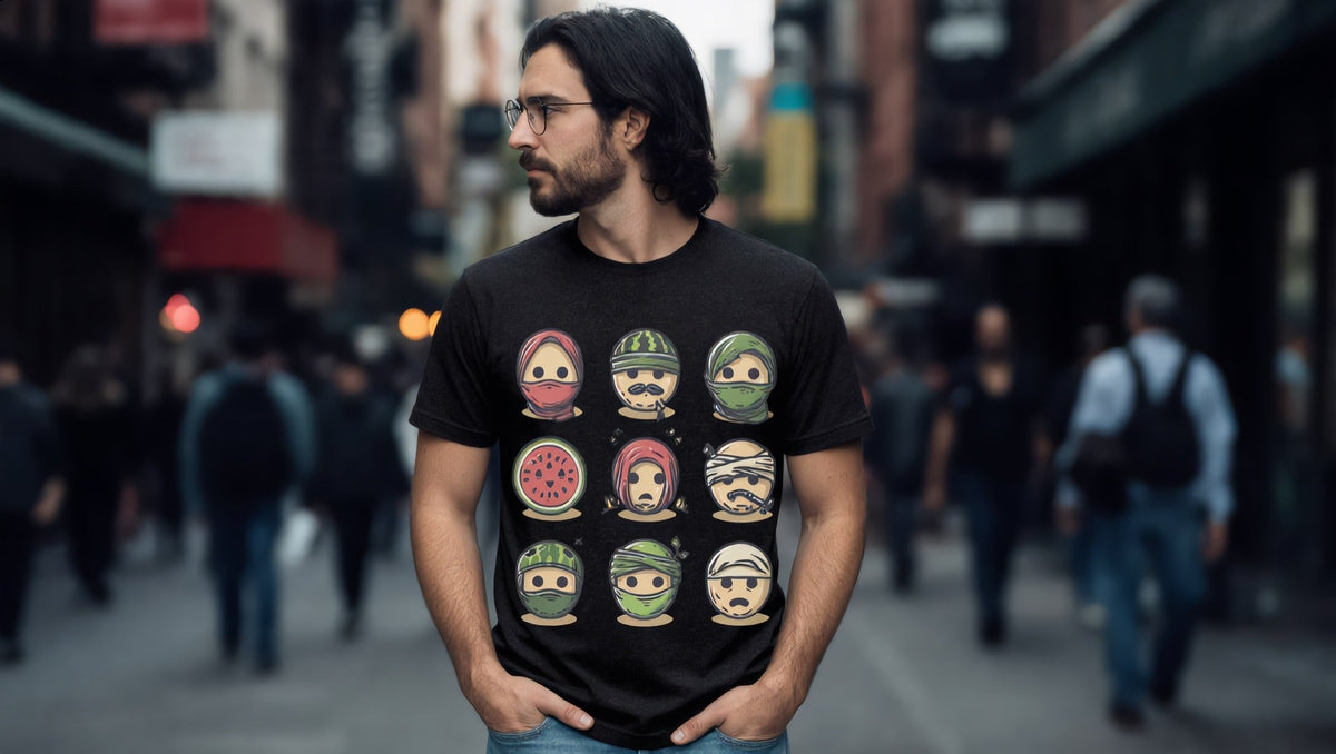 Man wearing a Palestine Emoji T-shirt on Spring Street, SoHo, New York