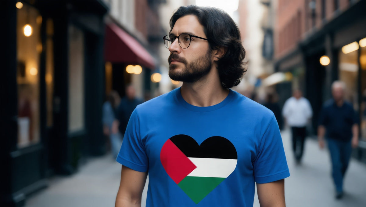 Man wearing a Palestine Heart T-shirt on Prince Street, SoHo, New York