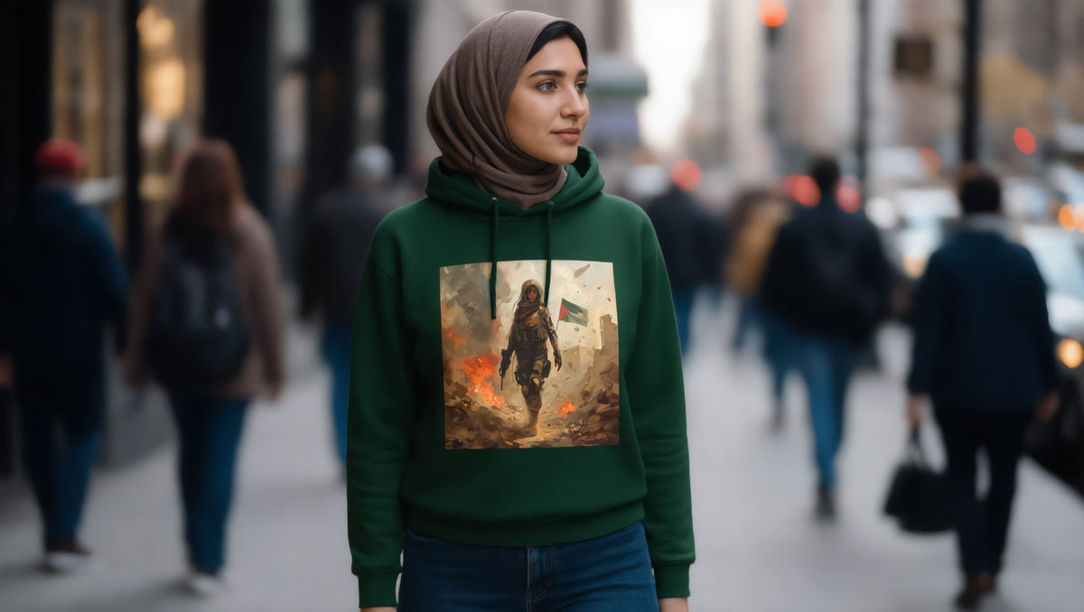 Woman wearing a Palestine Resistance hoodie on Lexington Avenue, Murray Hill, New York