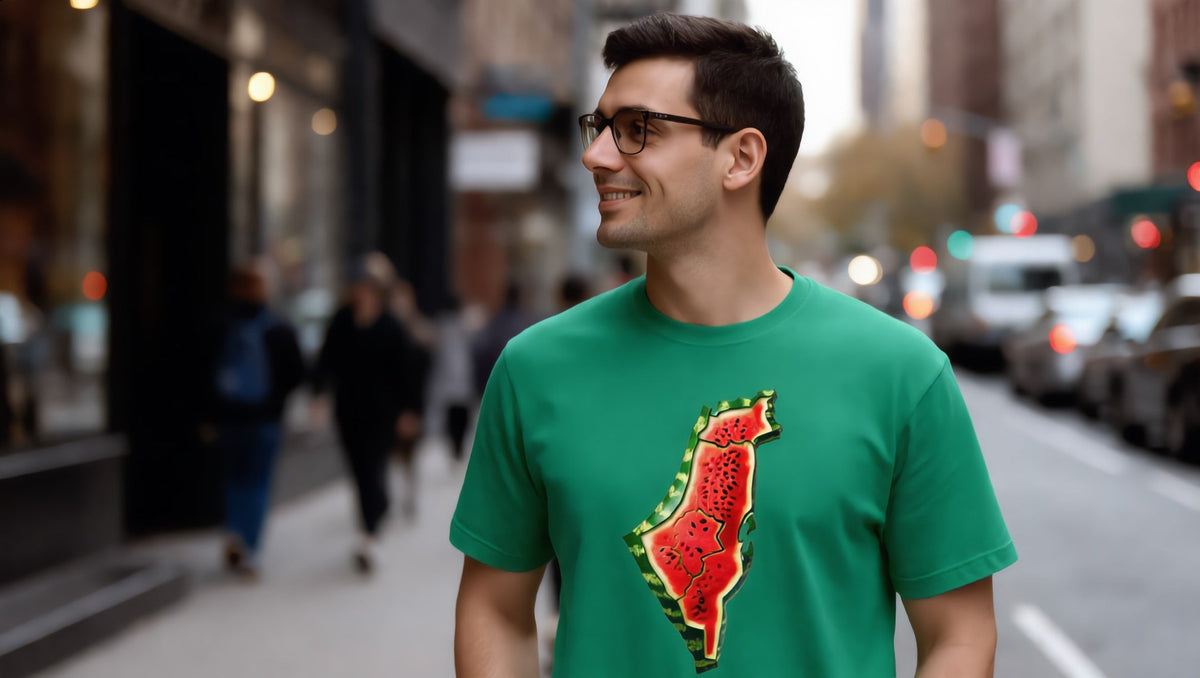 Man wearing a Palestine Watermelon T-shirt on Smith Street, Carroll Gardens, Brooklyn