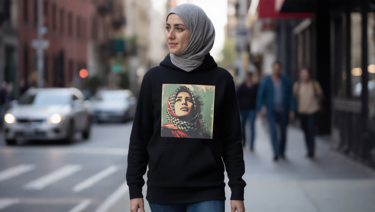 Woman wearing a Palestine Hope hoodie on Mulberry Street, Nolita, New York