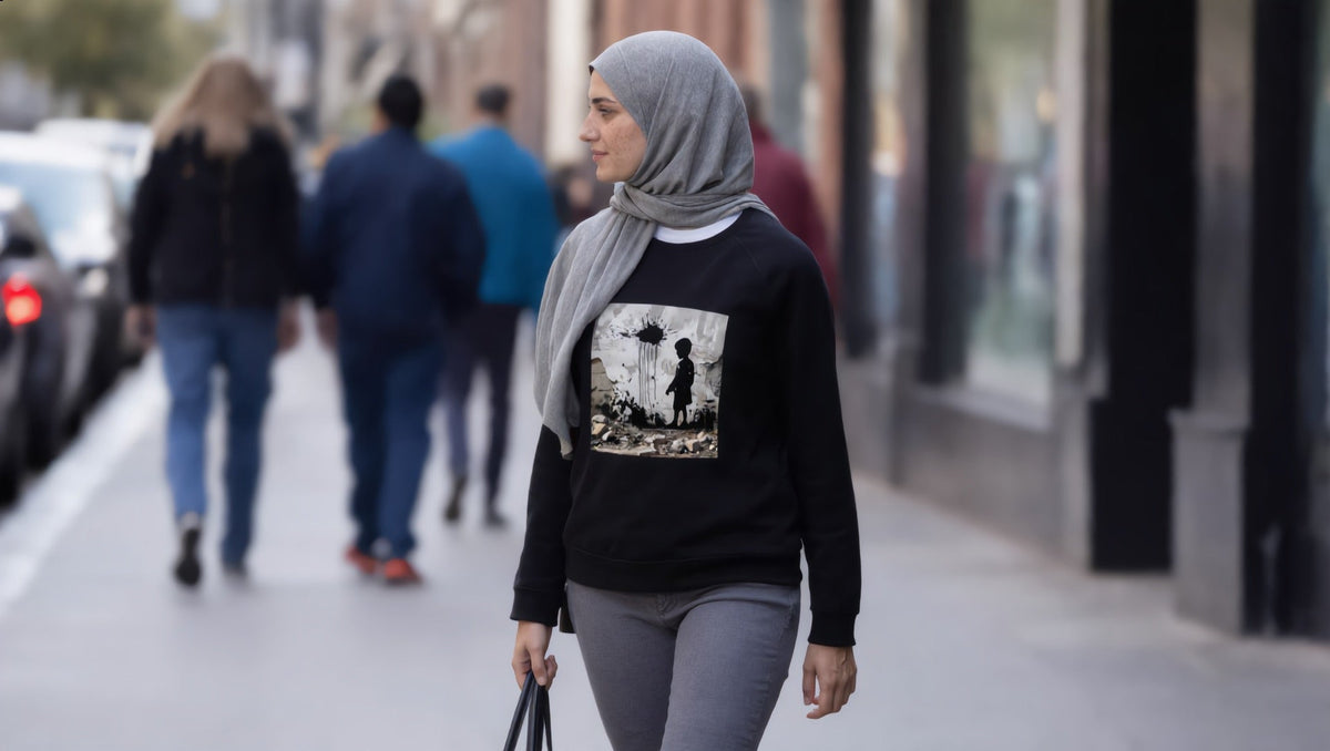 Woman wearing a Palestine Wall sweatshirt on Wythe Avenue, Williamsburg, Brooklyn