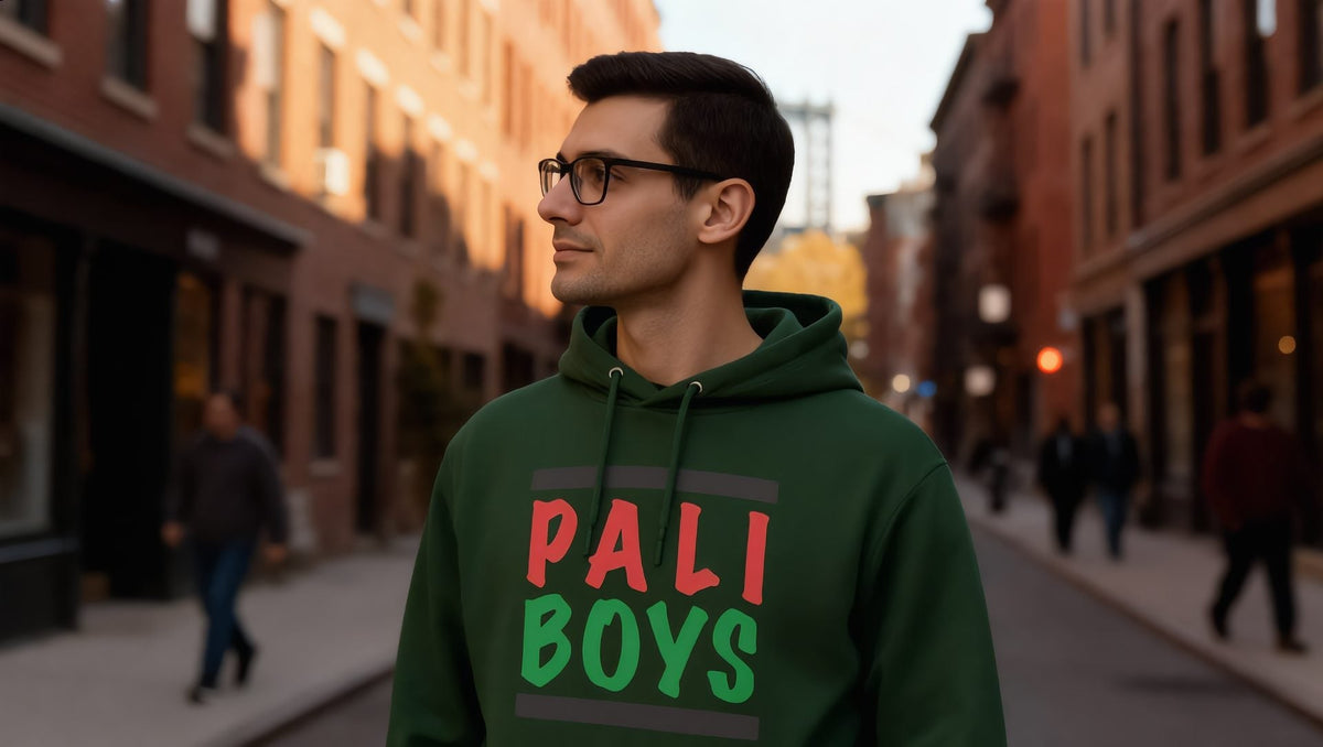 Man in a bottle green Pali Boys raglan hoodie on a street of brick buildings in Williamsburg, Brooklyn