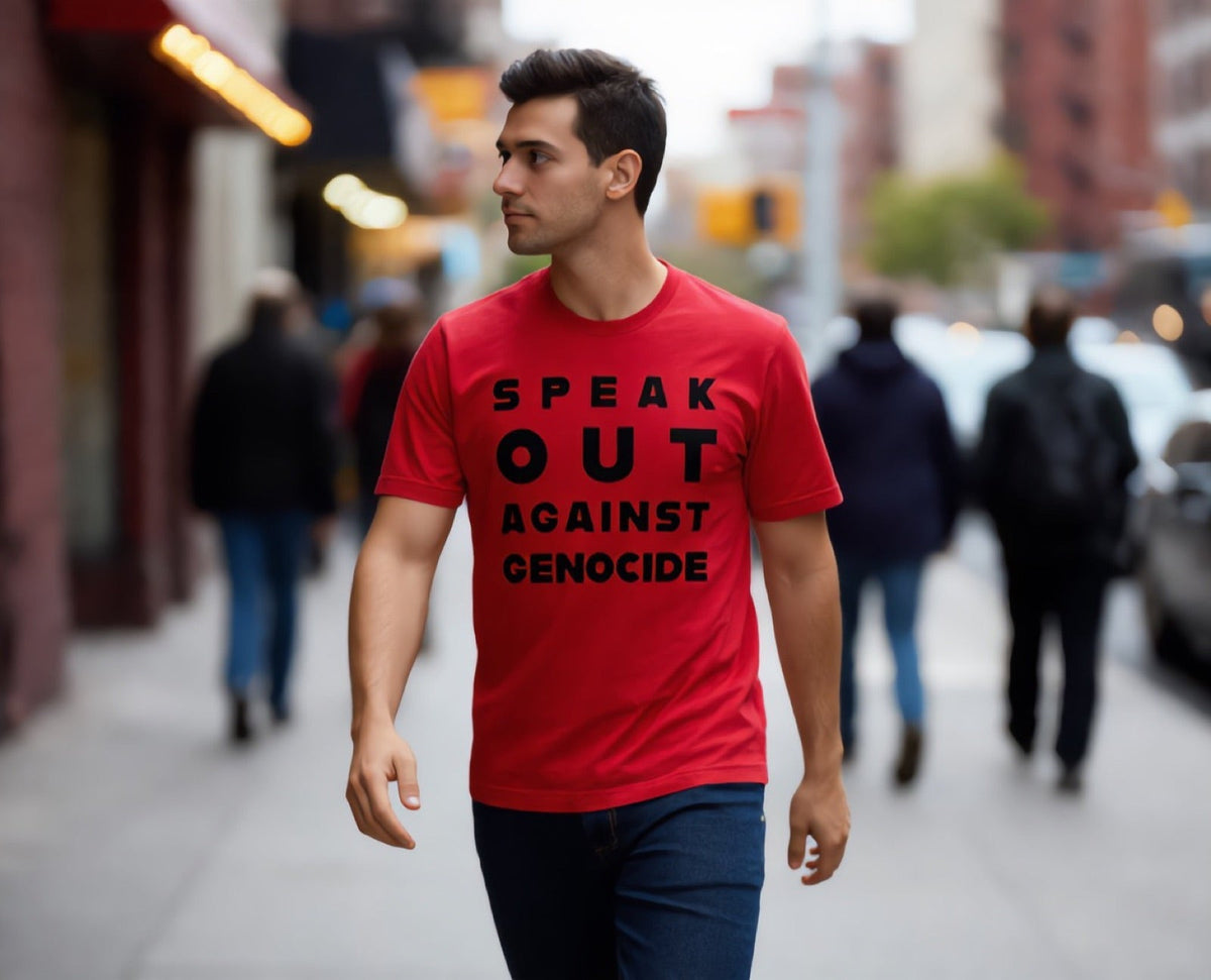 Man wearing a Speak Out Against Genocide T-shirt on Canal Street, Chinatown, New York