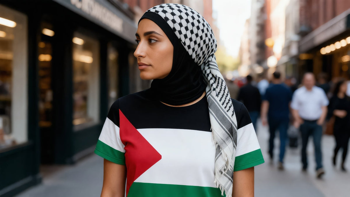 Woman wearing a Palestine flag all-over t-shirt on Grand Street, Lower East Side, New York
