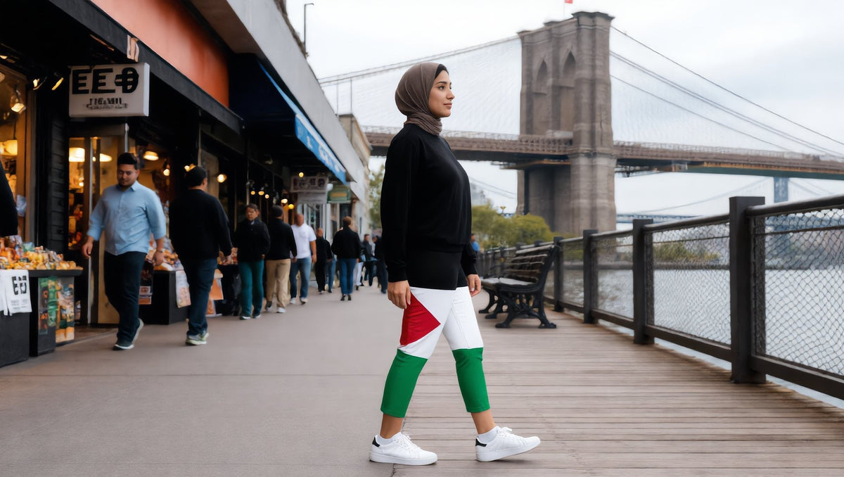 Woman wearing Palestine flag capri leggings in Brooklyn Bridge Park, New York