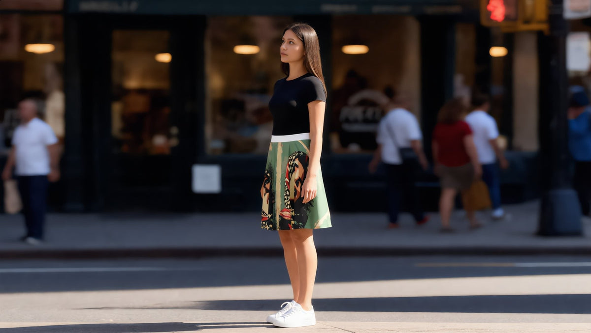 Woman wearing a Palestine Hope skater skirt on Bleecker Street, Greenwich Village