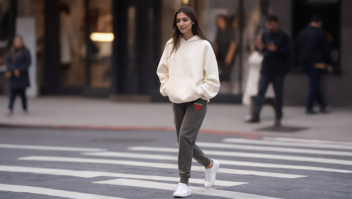 Woman wearing charcoal sweatpants with a watermelon triangle in Park Slope, Brooklyn