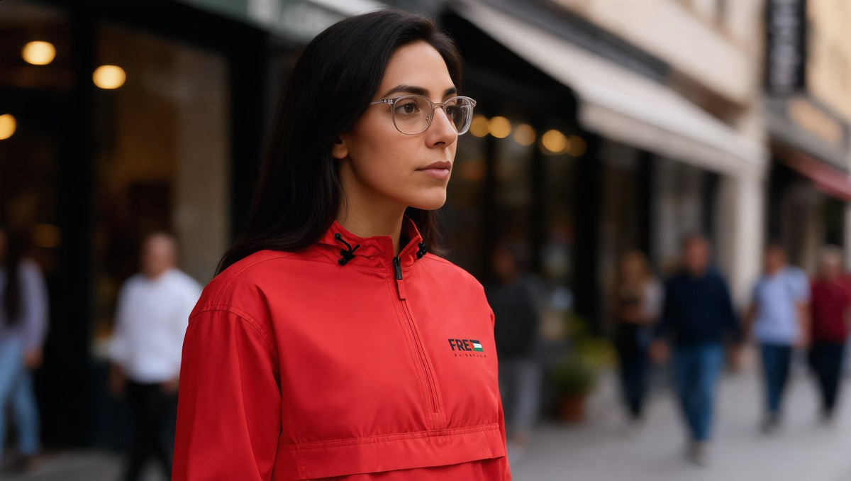Woman wearing a red Free Palestine packable jacket in Crown Heights, Brooklyn