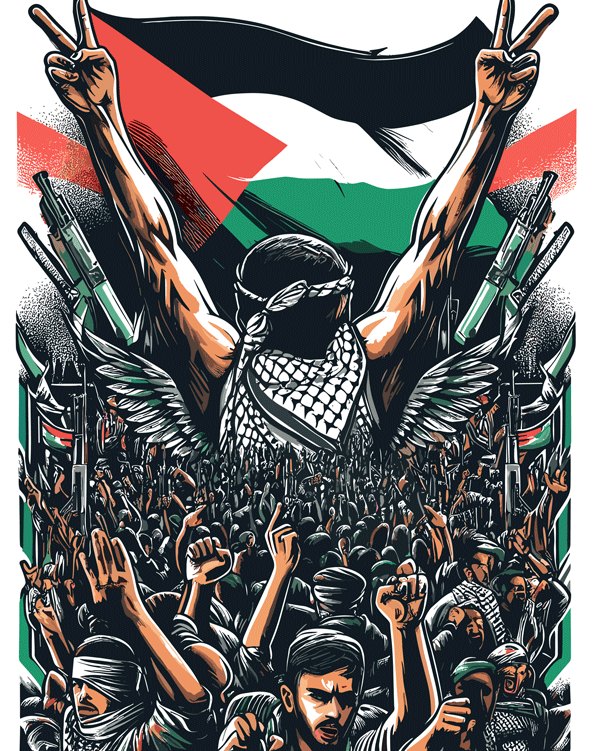 Art by Moh illustration of a figure in a keffiyeh raising the Palestinian flag above a crowd