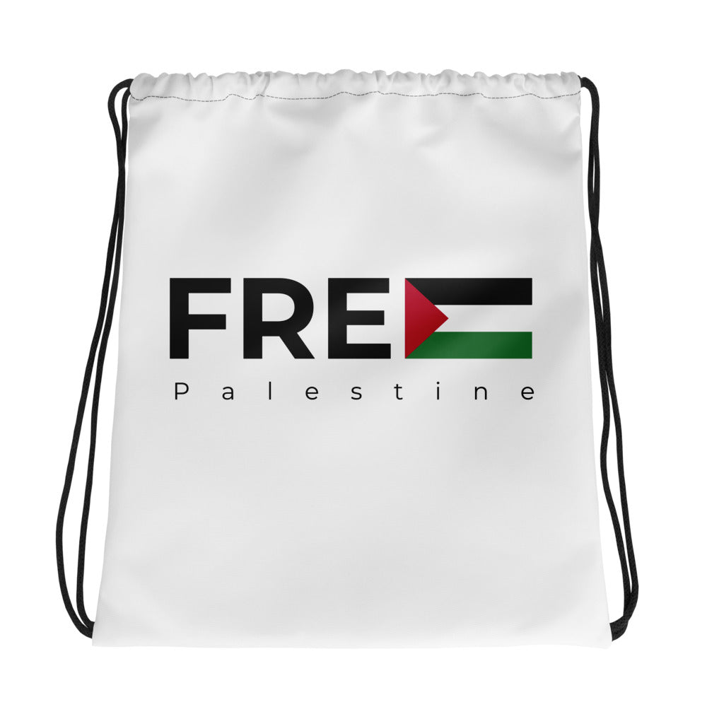 Free Palestine – Drawstring Bag, White, front view