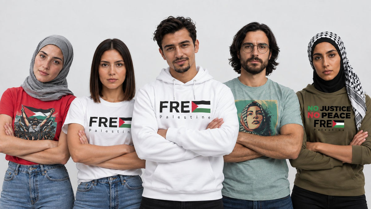 Group of friends with crossed arms wearing Free Palestine t-shirts