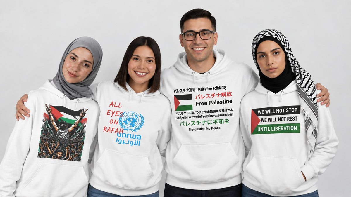 Group of friends wearing Free Palestine hoodies and sweatshirts