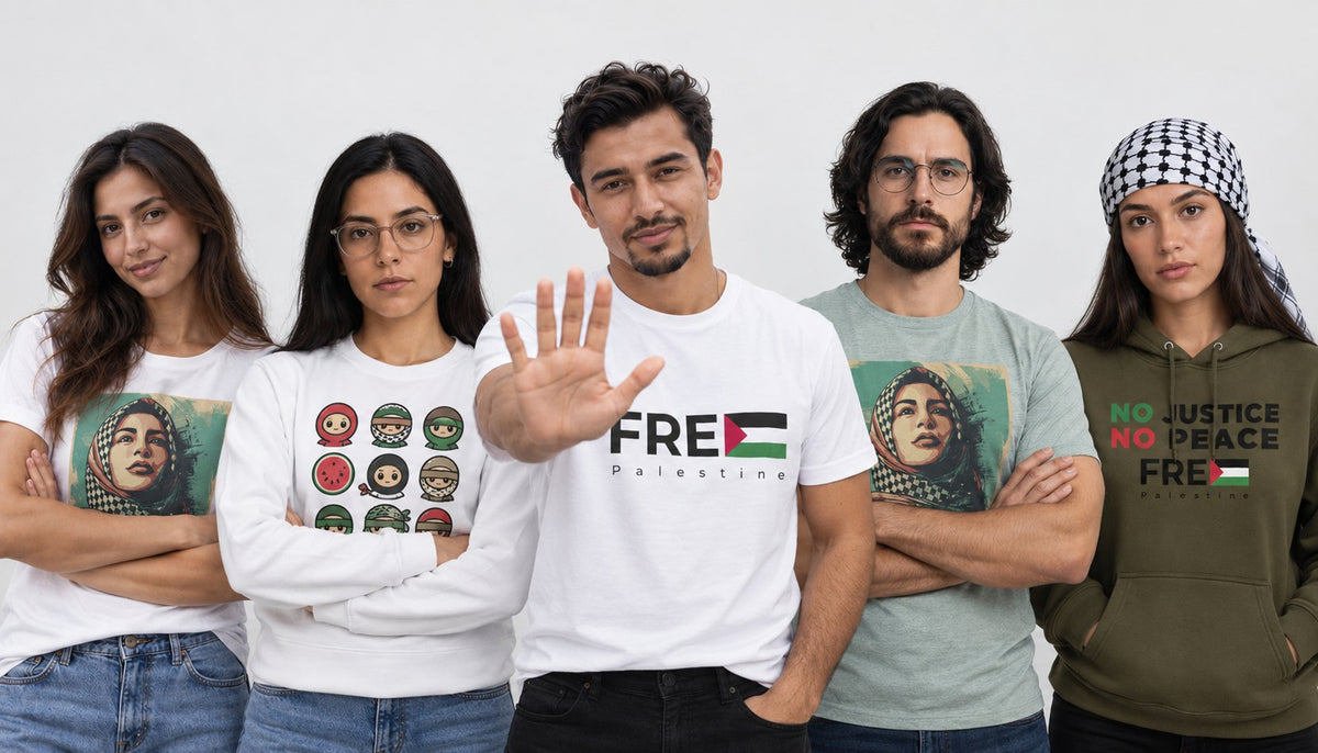 Group of friends wearing Free Palestine t-shirts and a hoodie