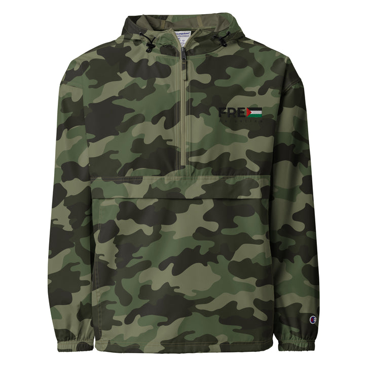 Free Palestine - Women’s Embroidered Champion Packable Jacket, Embroidered Champion Packable Jacket Olive Green Camo