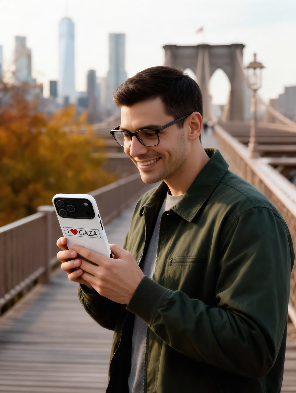 Man on the Brooklyn Bridge holding the new iPhone 18 Pro Max in an I Love Gaza MagSafe tough case