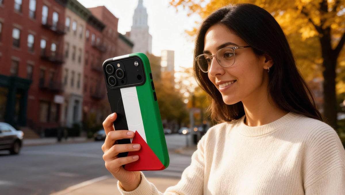 Woman in SoHo, New York holding the new iPhone 18 Pro Max in a Palestine Flag MagSafe tough case