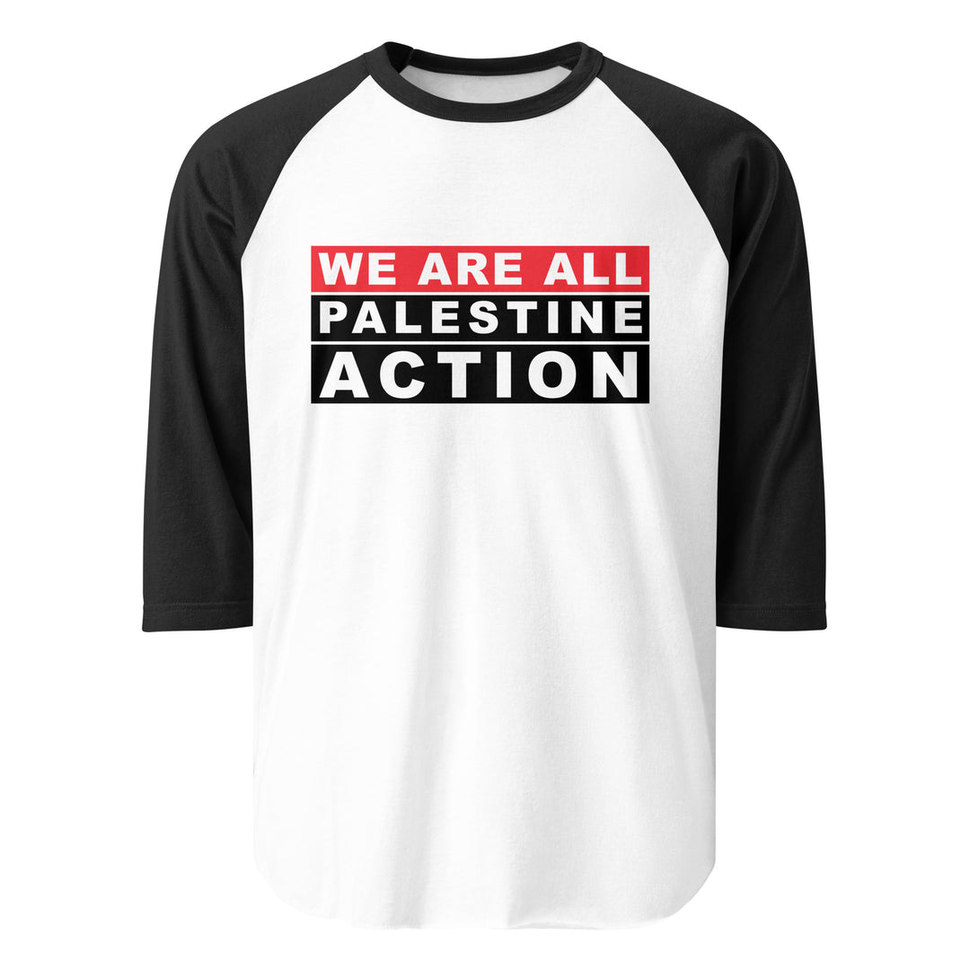 We Are All Palestine Action - Men’s 3/4 Sleeve Raglan Shirt, 34 Sleeve Raglan Shirt White Black