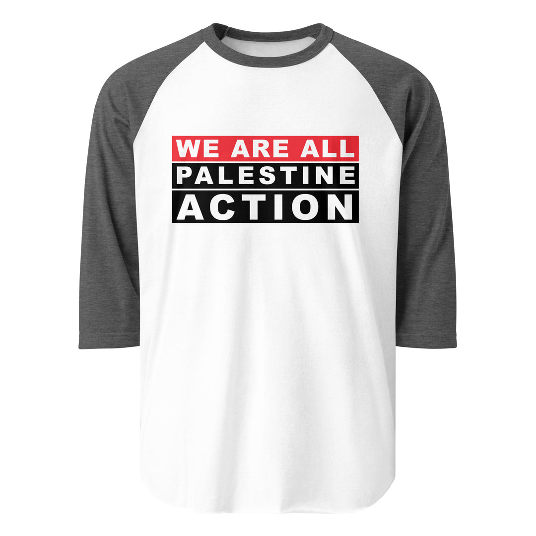 We Are All Palestine Action - Men’s 3/4 Sleeve Raglan Shirt, 34 Sleeve Raglan Shirt White Heather Charcoal