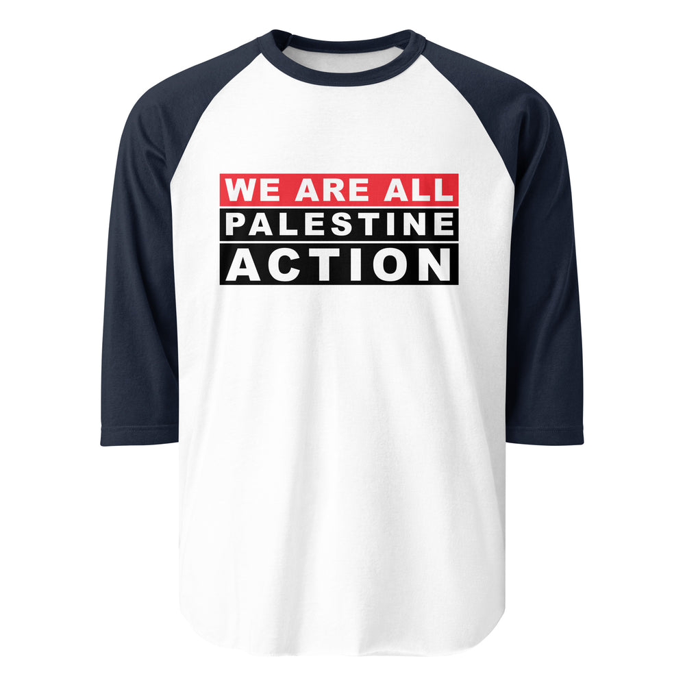 We Are All Palestine Action - Men’s 3/4 Sleeve Raglan Shirt, 34 Sleeve Raglan Shirt White Navy