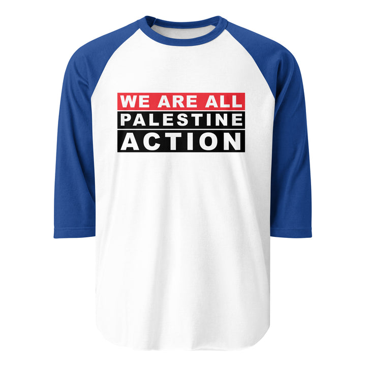 We Are All Palestine Action - Men’s 3/4 Sleeve Raglan Shirt, 34 Sleeve Raglan Shirt White Royal