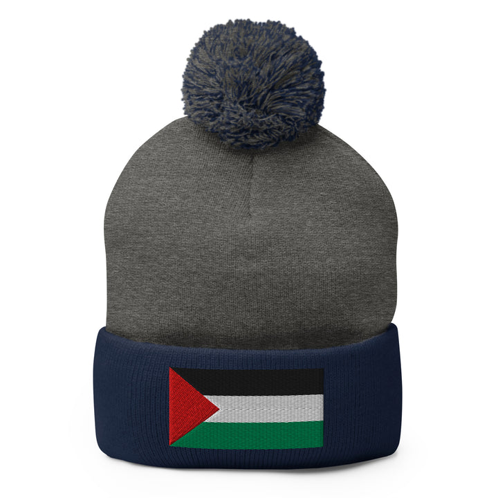 Palestine Flag - Pom-Pom Beanie, Pom Pom Knit Cap Dark Heather Grey Navy