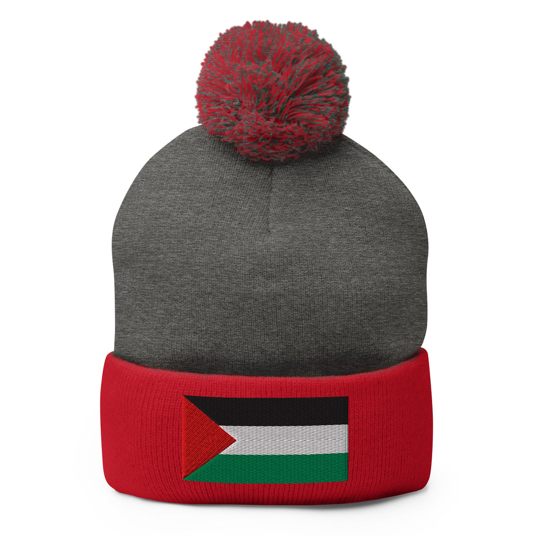 Palestine Flag - Pom-Pom Beanie, Pom Pom Knit Cap Dark Heather Grey Red