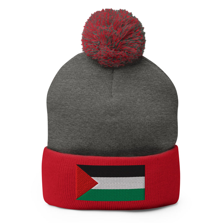 Palestine Flag - Pom-Pom Beanie, Pom Pom Knit Cap Dark Heather Grey Red