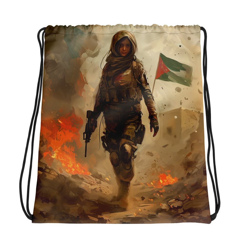 Palestine Resistance – Drawstring Bag, White, front view