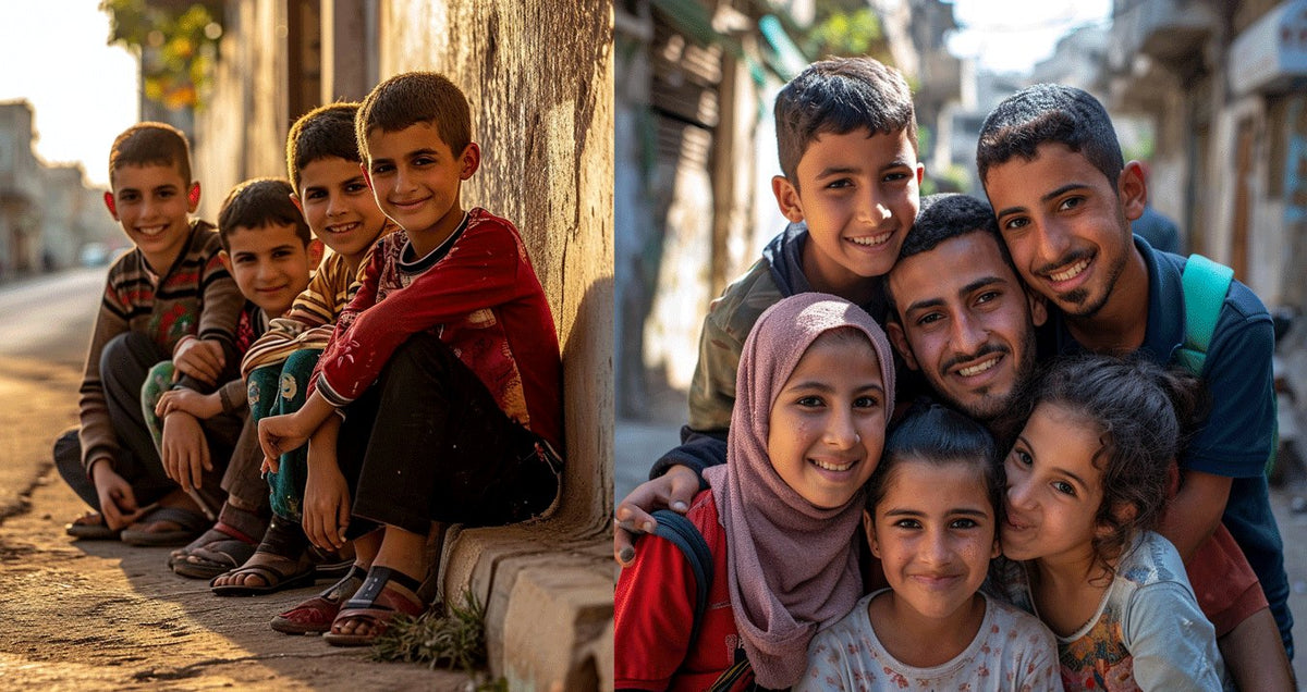 Palestinian children sitting together on a street, donation banner