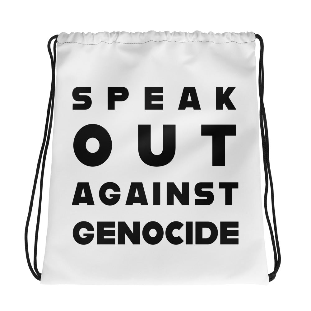 Speak Out Against Genocide – Drawstring Bag, White, front view