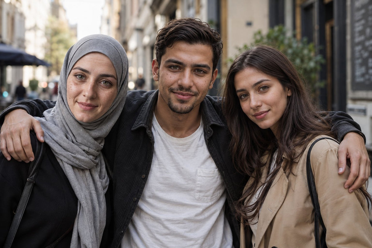 Three friends standing together on a city street in solidarity with Palestine