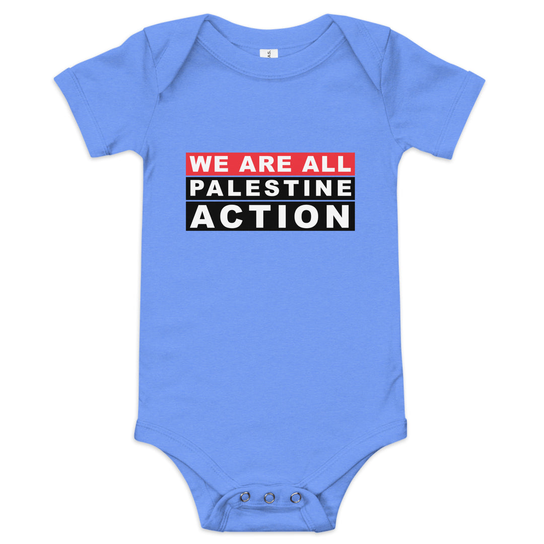 We Are All Palestine Action - Baby Short Sleeve One Piece, Heather Columbia Blue