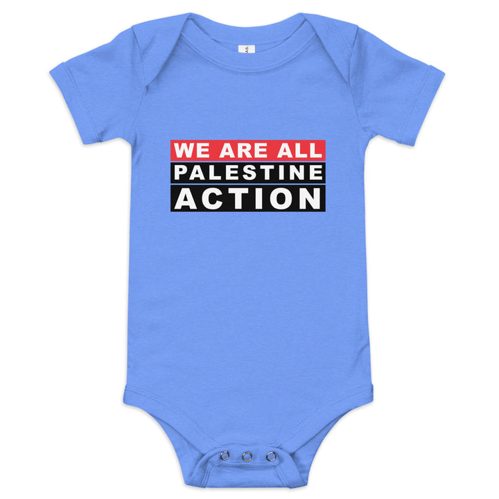 We Are All Palestine Action - Baby Short Sleeve One Piece, Heather Columbia Blue