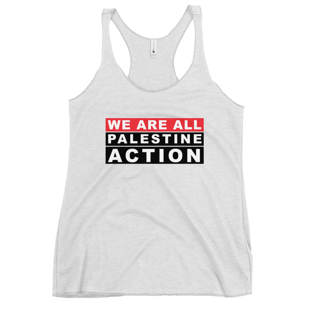 We Are All Palestine Action - Women’s Racerback Tank, Womens Racerback Tank Top Heather White